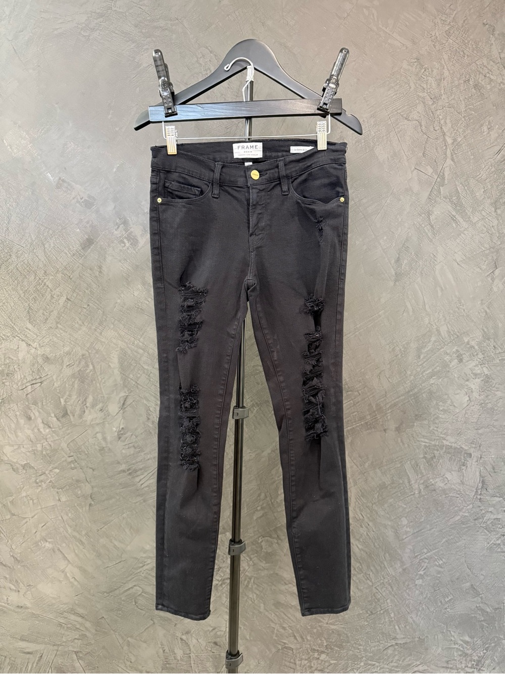 Frame Denim Black Distressed Skinny Jeans 27